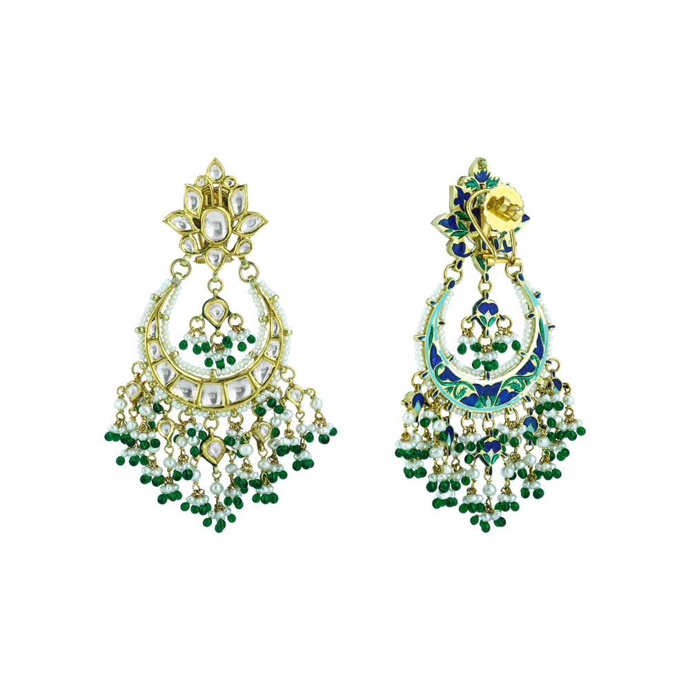 Chandbali Earrings with Polki, Green Beads, and Pearls